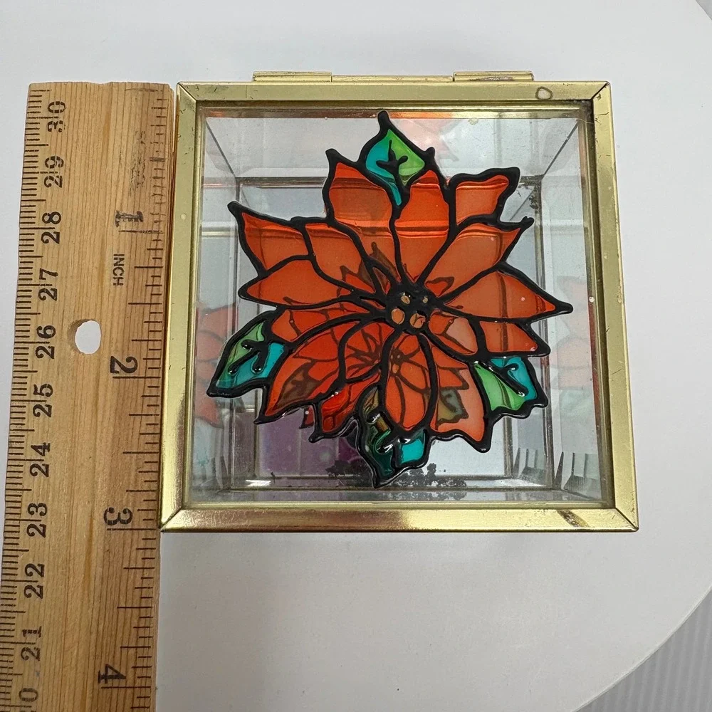 Vtg Glass Jewelry Box Poinsettia Stained Glass Hinged Keepsake Trinket Organizer
